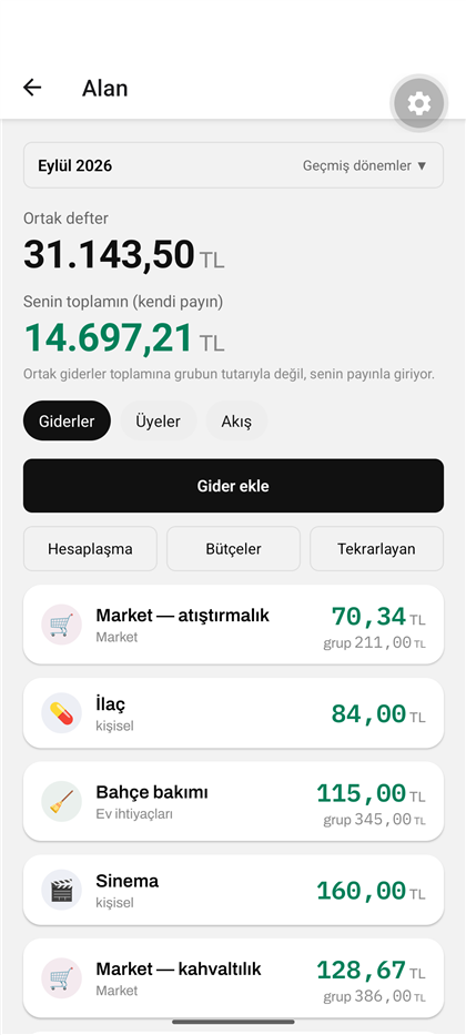Ortak defter ekranı: defter toplamı ve kullanıcının kendi payı yan yana